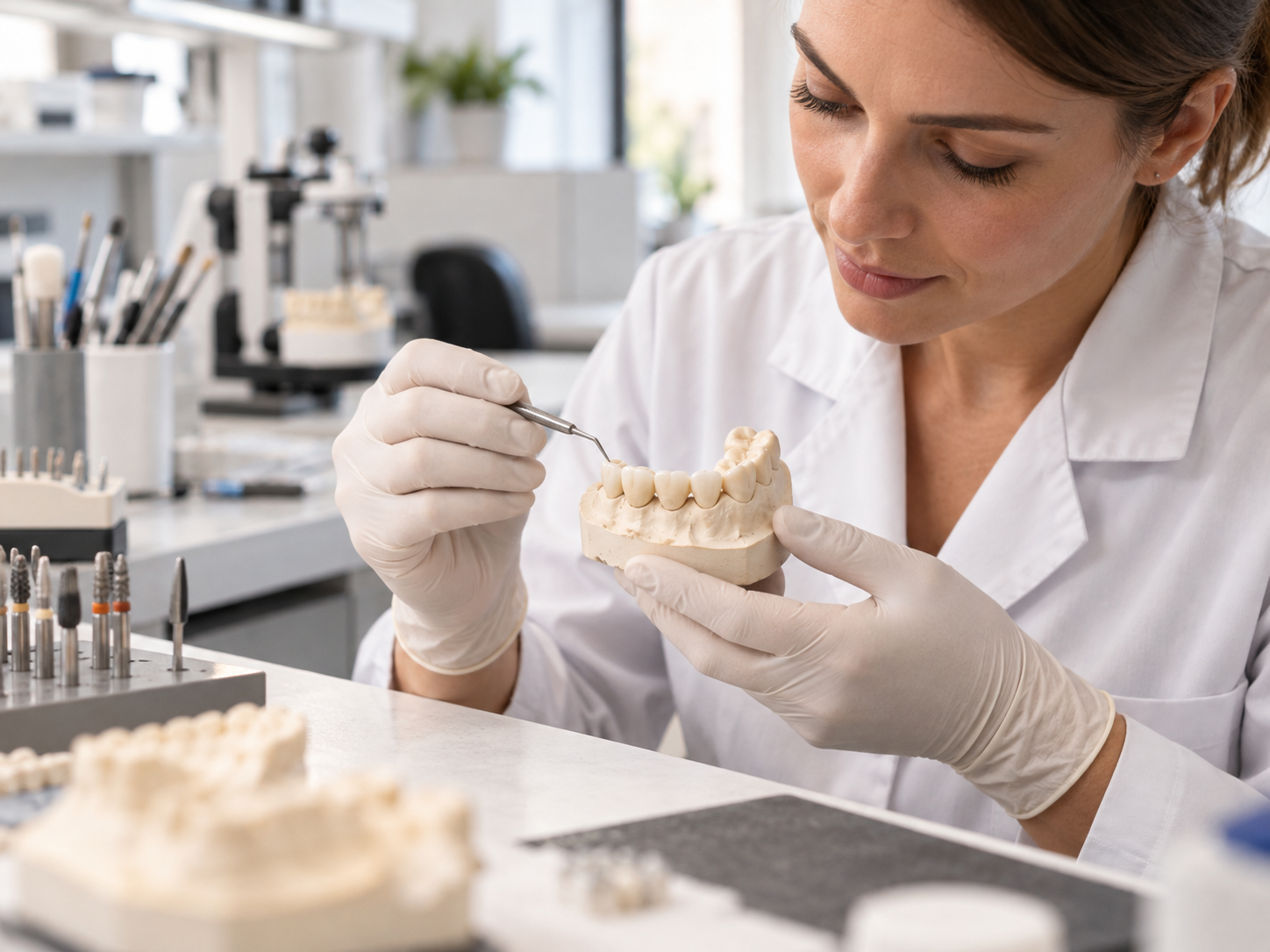 Dental laboratory technician inspecting a crown and bridge restoration on a model