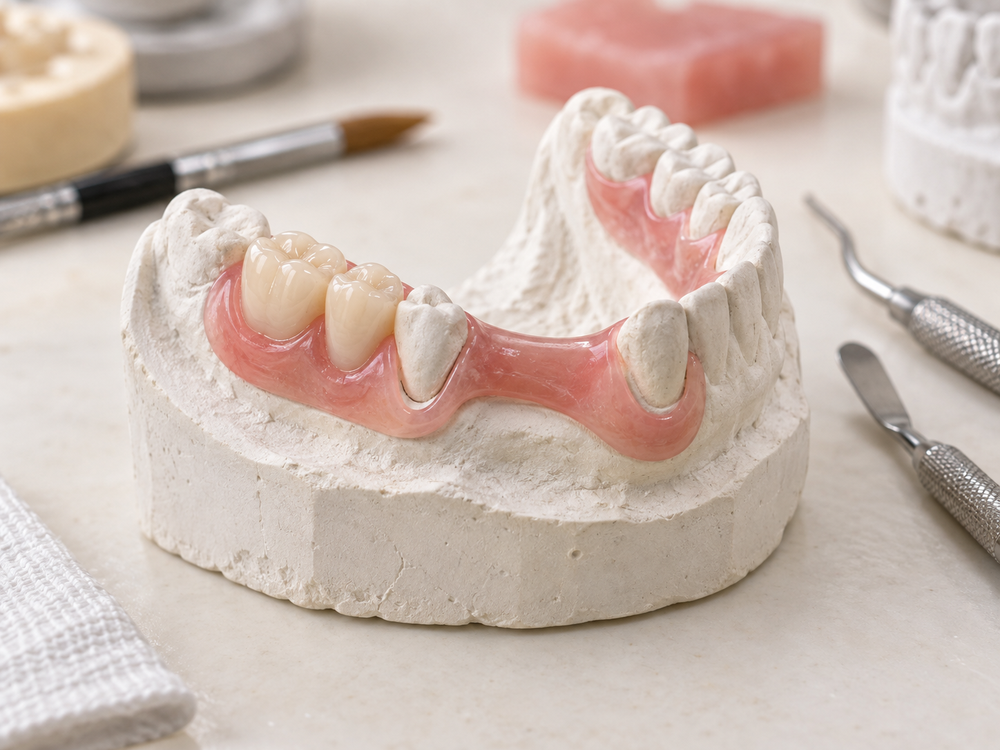 Acrylic partial denture on a plaster model showing replacement teeth integrated into the appliance