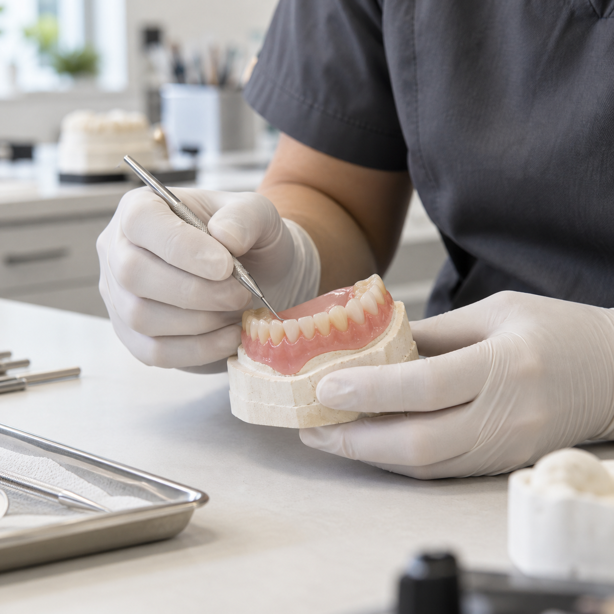 Dental laboratory technician assessing an acrylic denture on a stone model before a reline