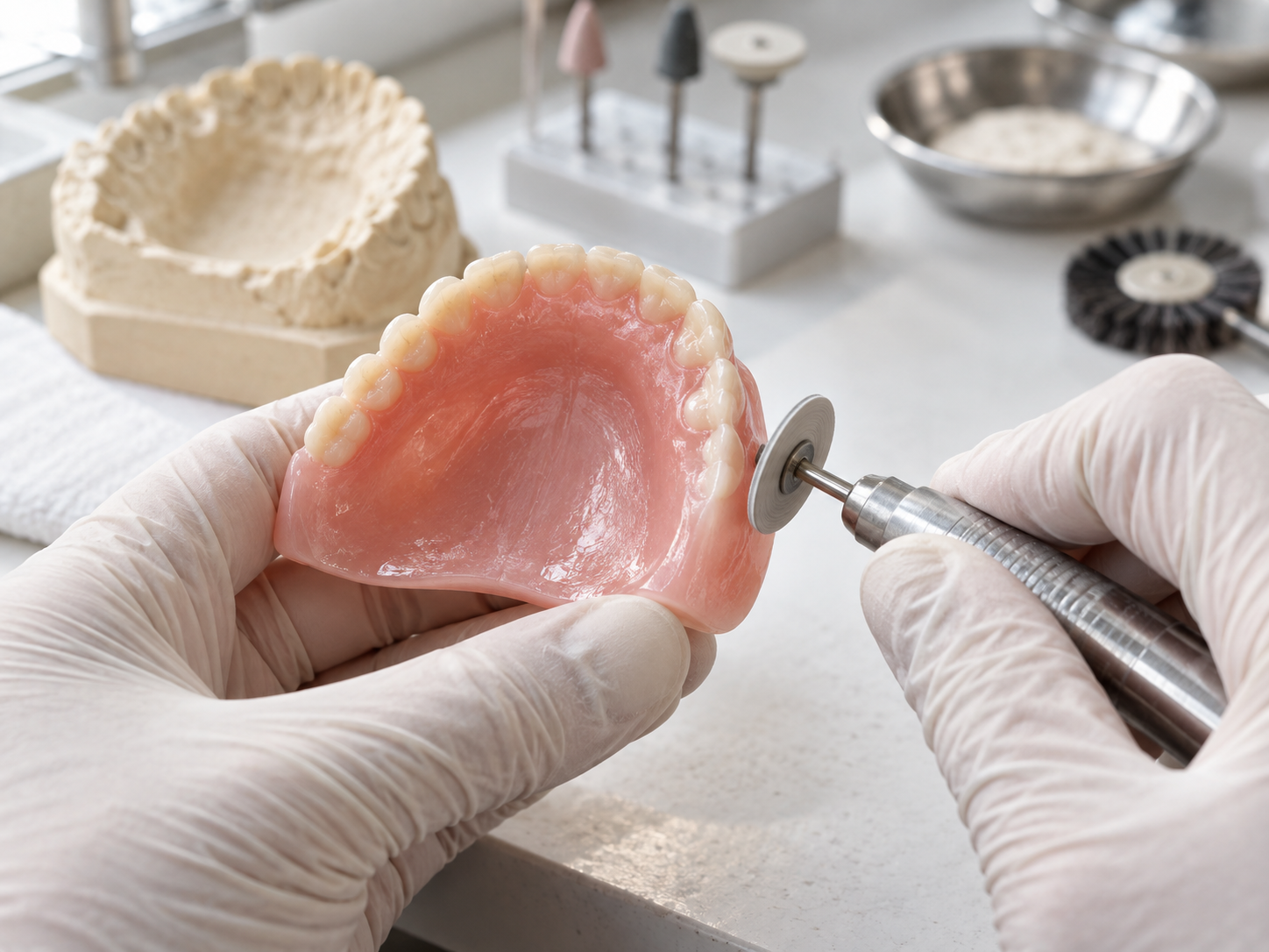 Gloved dental technician finishing the tissue-fitting surface of a relined acrylic denture