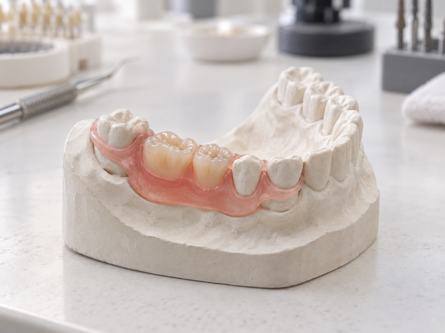 Flexible partial denture with gum-coloured clasps seated on a laboratory model