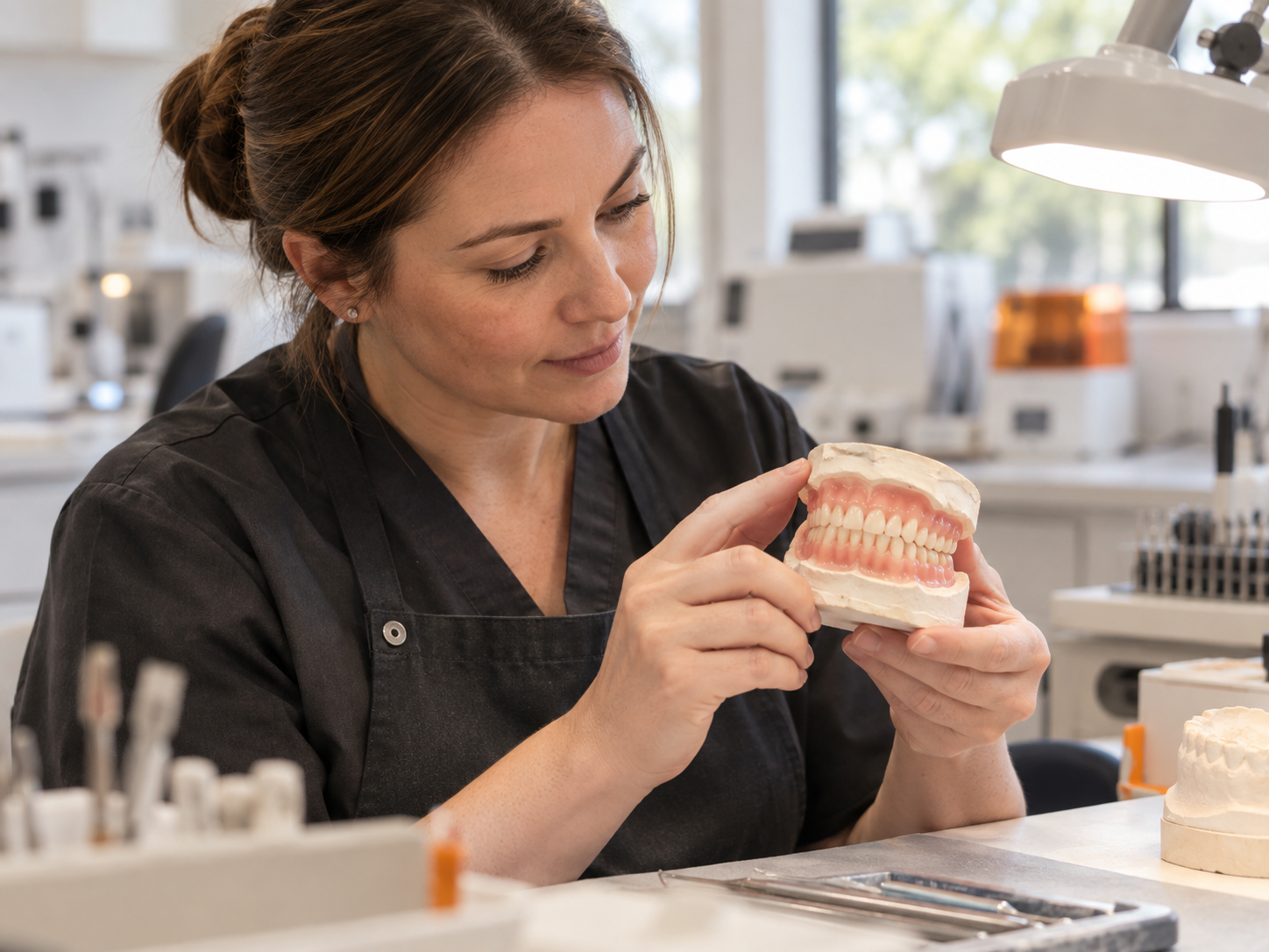 Dental laboratory technician inspecting complete dentures on a working model