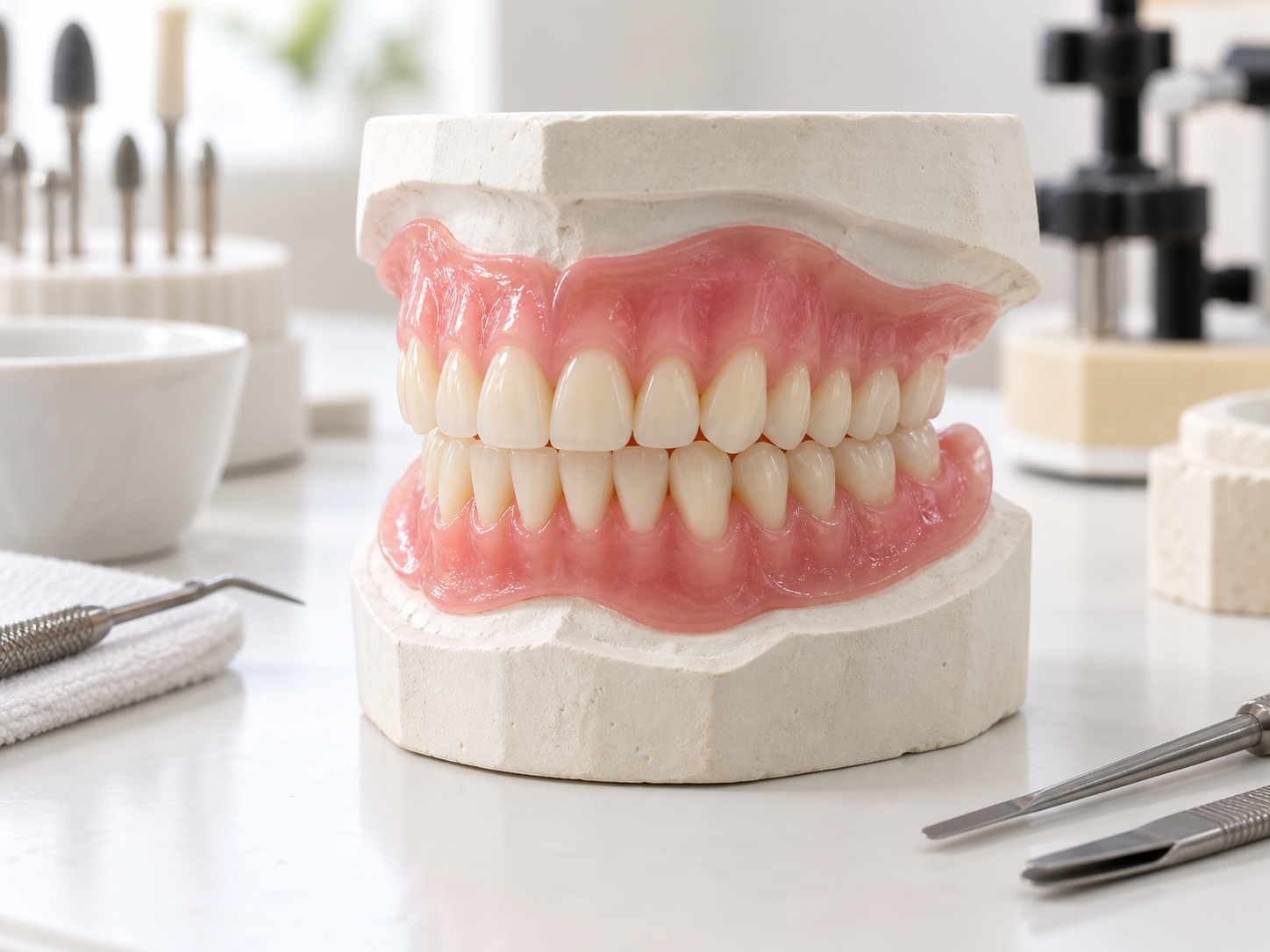 Finished upper and lower full dentures displayed on laboratory models