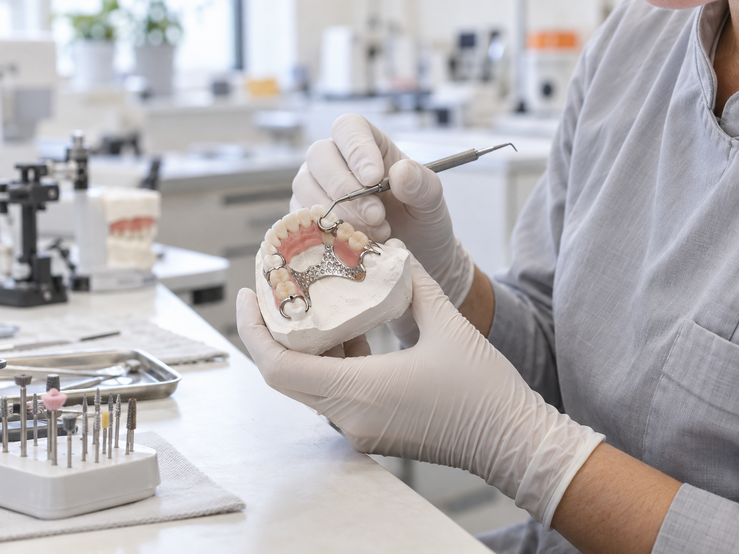 Dental laboratory technician inspecting a cobalt-chrome partial denture on a working model