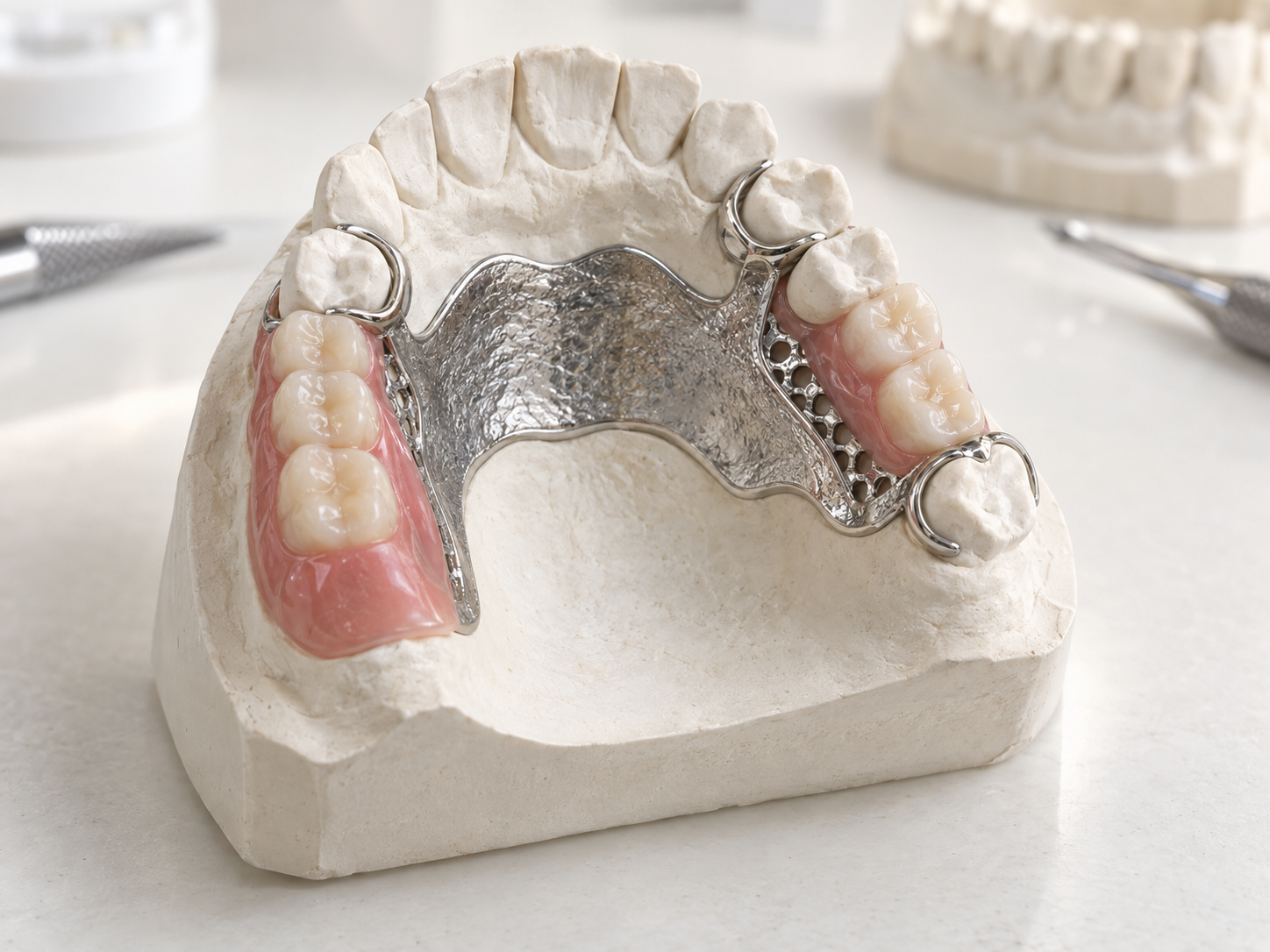 Cobalt-chrome partial denture with acrylic saddles and replacement teeth seated on a laboratory model