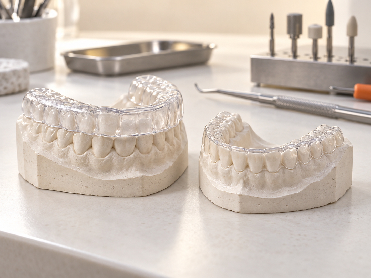 Clear occlusal splint and orthodontic retainer seated on separate dental models