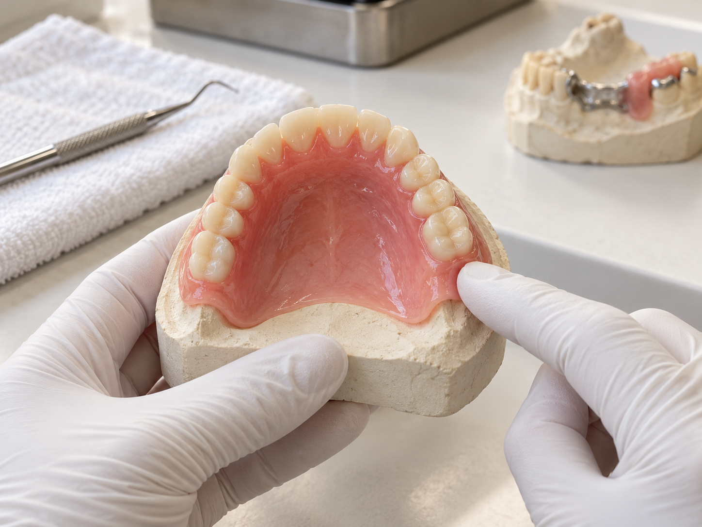 Gloved dental technician checking the borders and fitting surface of an acrylic denture on a laboratory model